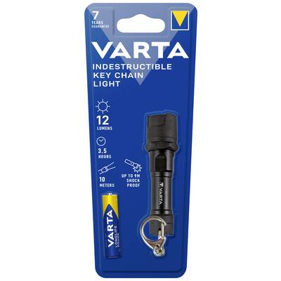 'Taschenlampe mit Schlüsselanhänger. 12 Lumen, 3,5 Stunden Laufzeit. Wasserfest, stoßfest bis 9m. Inklusive Varta Batterie.'