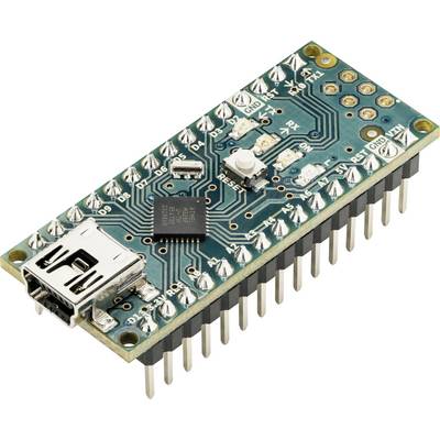 Entwicklungsplatine für Mikrocontroller mit USB-Anschluss, Reset-Taste und Reihen von Stiftleisten auf weißem Hintergrund.