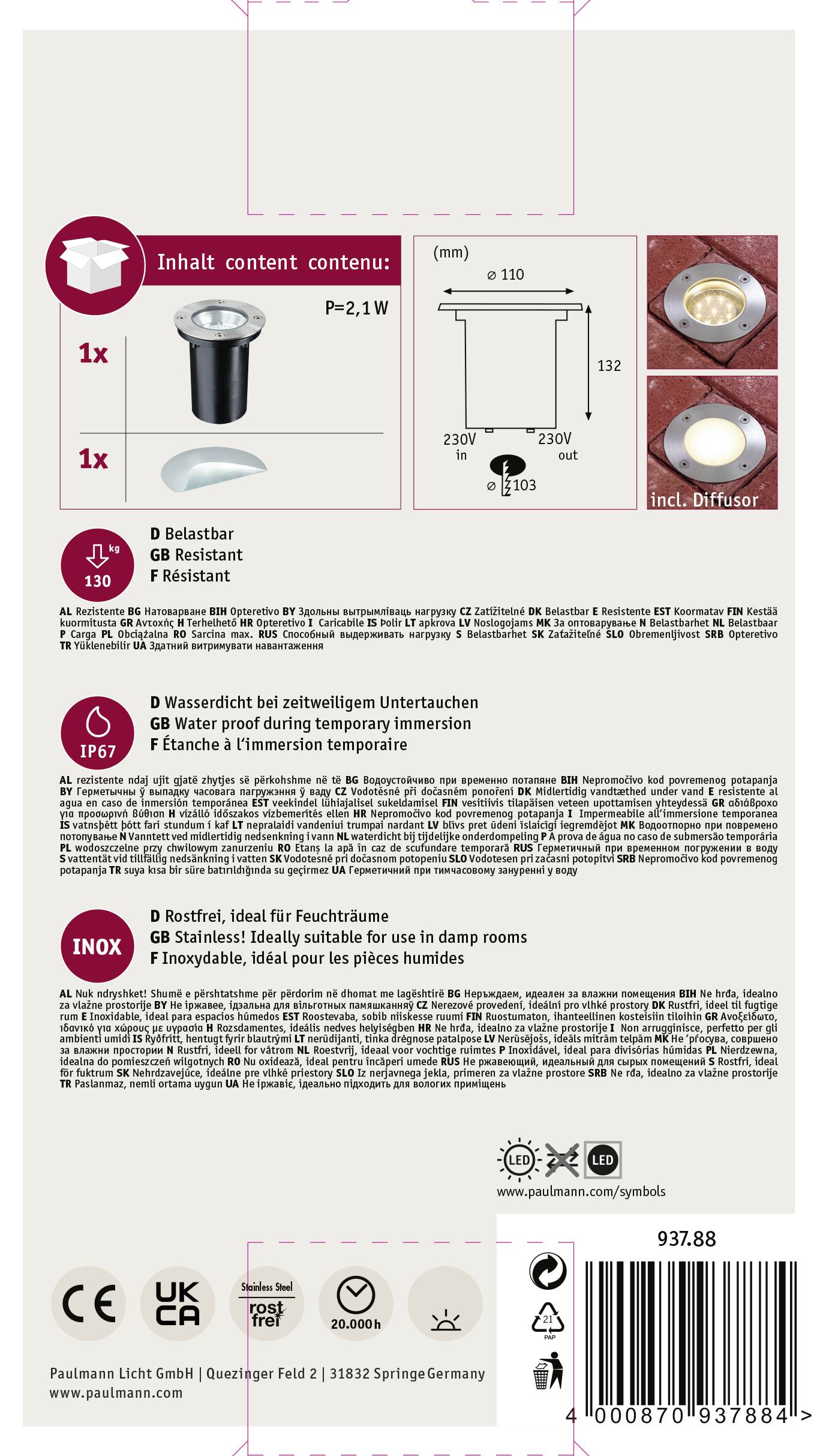 ‘Einbauleuchte’ Produktverpackung mit technischen Details: Energieklasse P=1W, IP67 Schutzart, rostfrei, ideal für Feuchträume. Abbildung der Leuchte mit Diffusor.