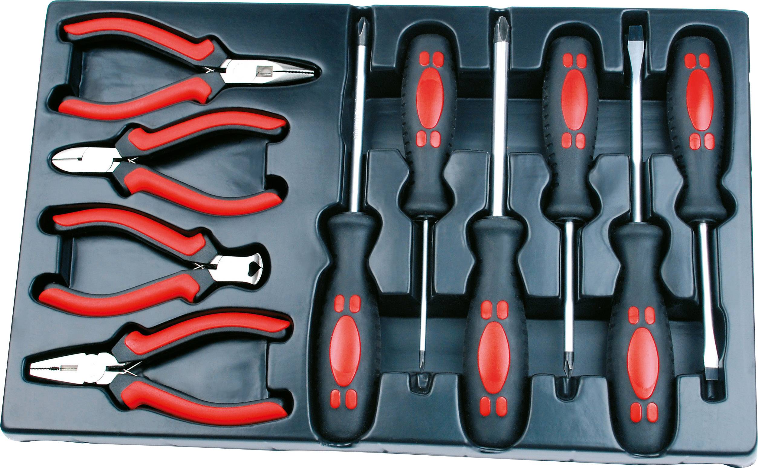 'Satz aus roten Zangen und Schraubendrehern in einer schwarzen Kunststoffbox, angeordnet in zwei Reihen. Werkzeugset für Reparaturen.'