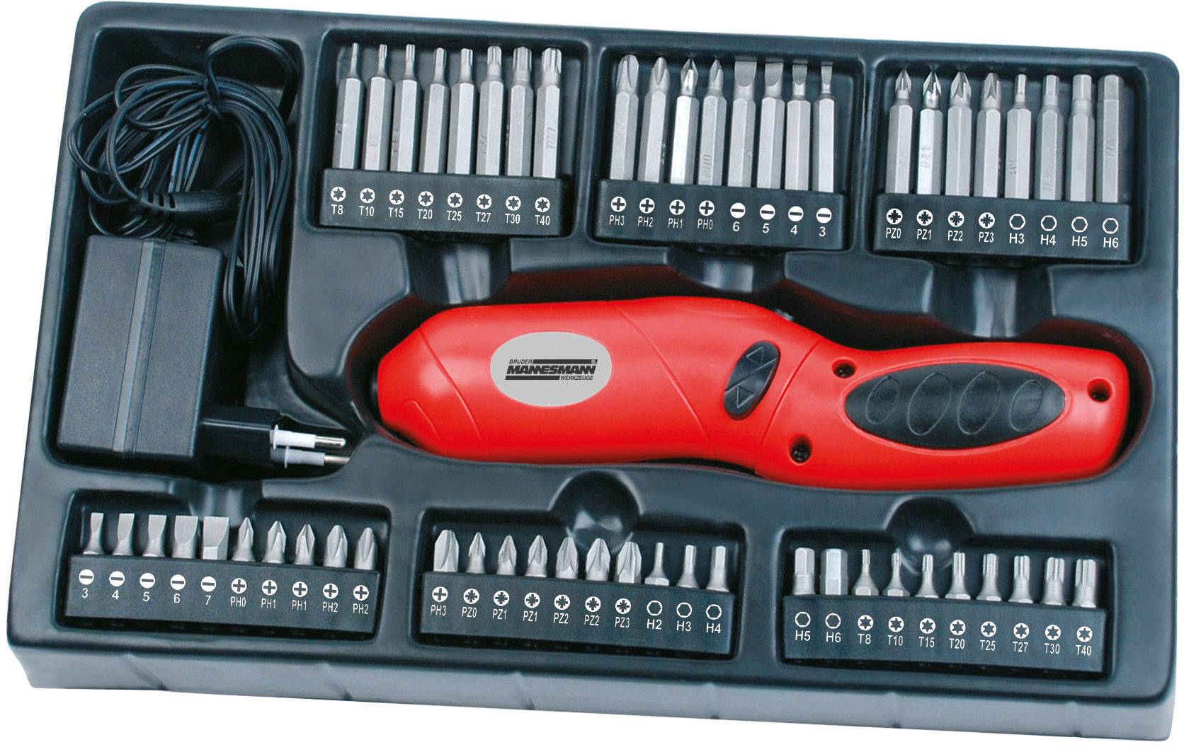 Rot-schwarzer Akkuschrauber mit Ladegerät und 44 Bits in verschiedenen Größen in schwarzem Kunststoffkoffer.