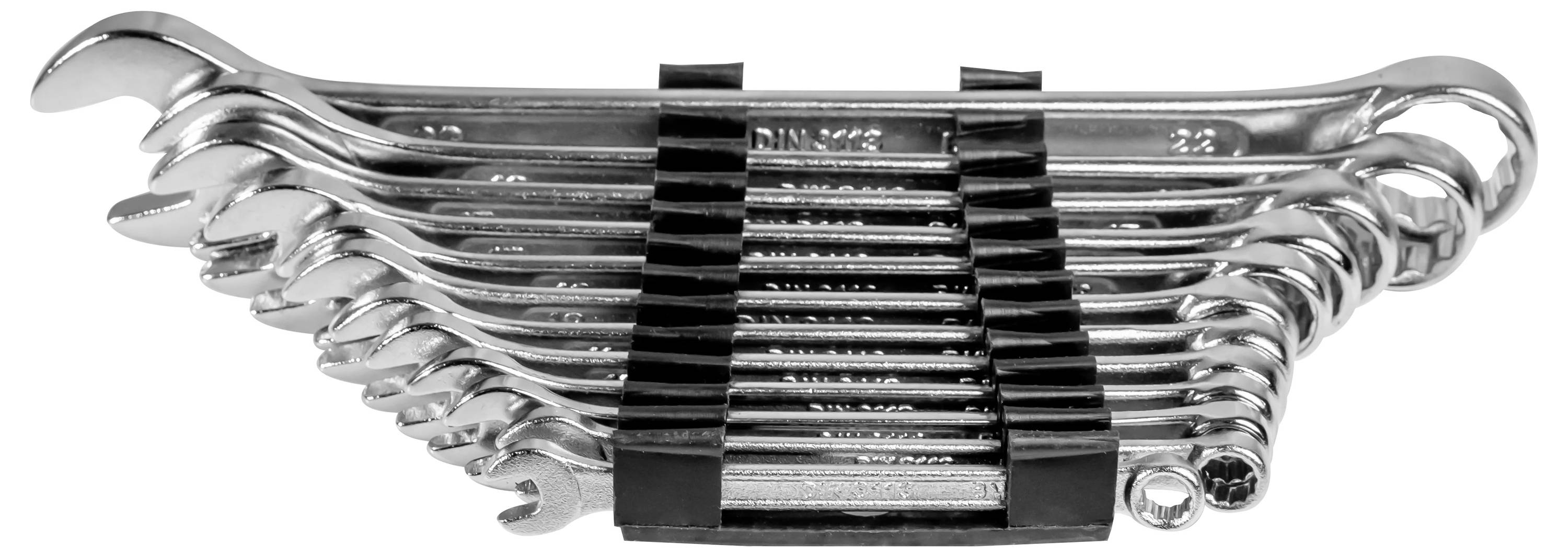 Ein Set von zwölf metallischen Ringschlüsseln in verschiedenen Größen, die in einem schwarzen Halter gestapelt sind.