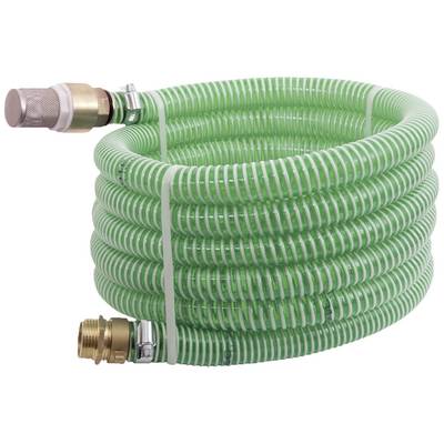 Grüner, spiralförmiger Wasserschlauch mit Metallkupplungen an beiden Enden, aufgerollt und bereit zur Verwendung.