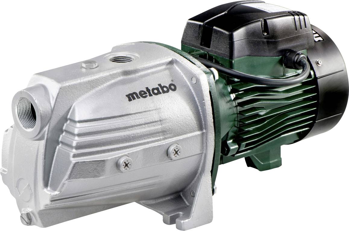 Elektrische Wasserpumpe mit silberner und grüner Gehäuse, Marke „metabo", auf weißem Hintergrund abgebildet.