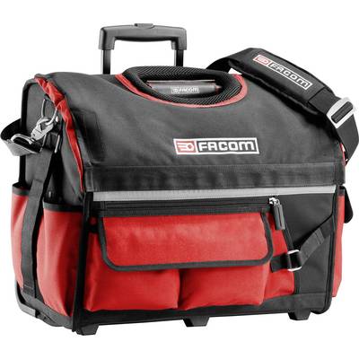 Schwarze und rote Werkzeugtasche mit mehreren Taschen und einem Schultergurt, geeignet für die Aufbewahrung und den Transport von Werkzeugen.