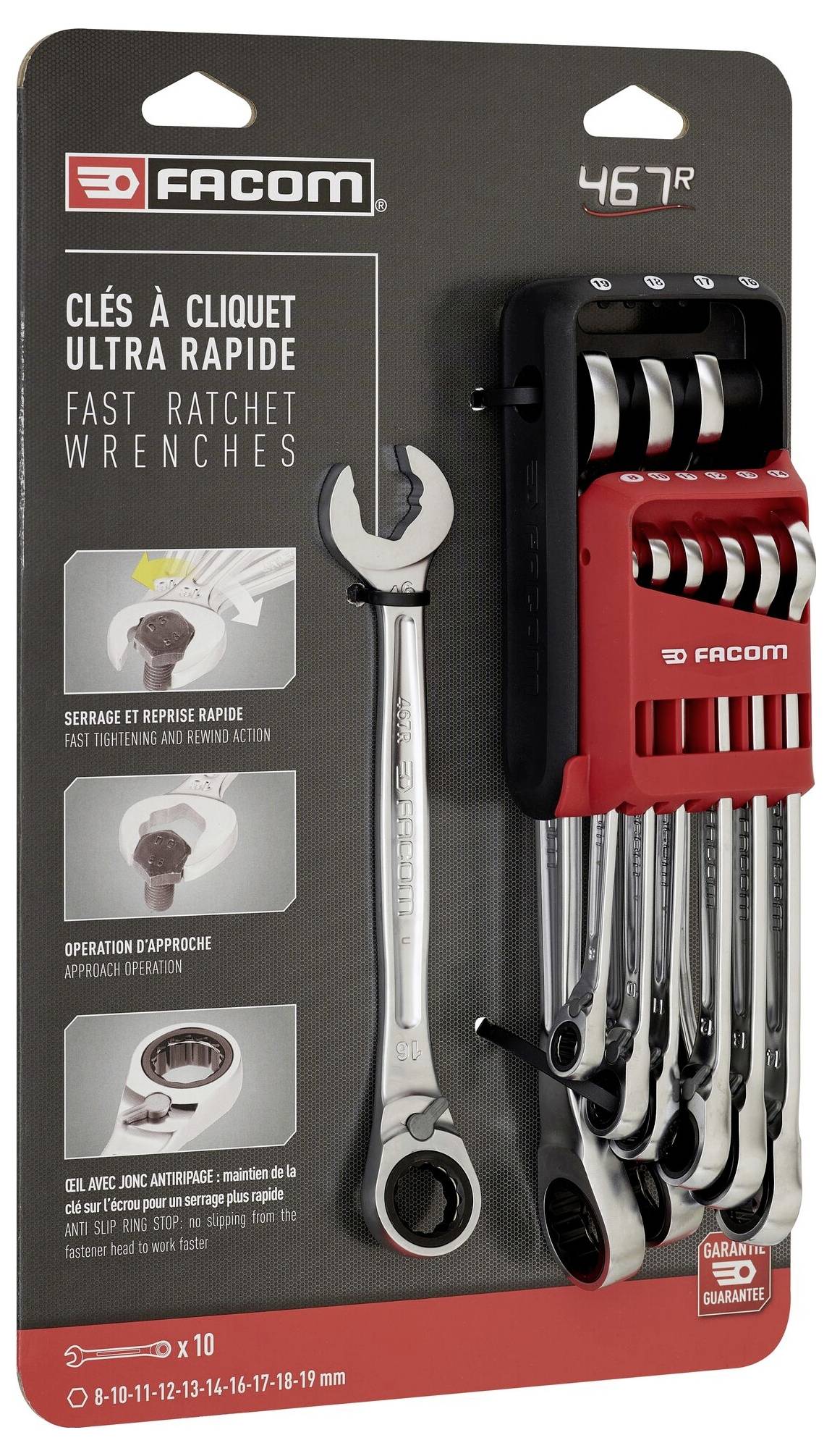 Verpackung von Facom-Ratschenringschlüsseln. Zehn Schlüssel aus Chrom, mit Etui. Text auf Französisch und Englisch: 'Fast Ratchet Wrenches'.