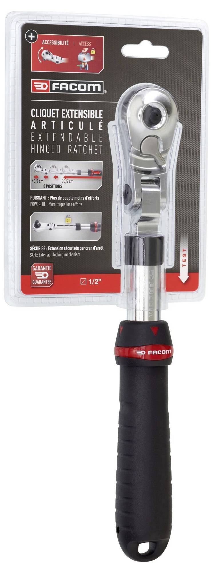 Verstellbare Knarre mit teleskopischem Griff, verpackt auf einer Displaykarte. Markenname 'Facom', 1/2-Zoll-Antrieb, silber und schwarz.