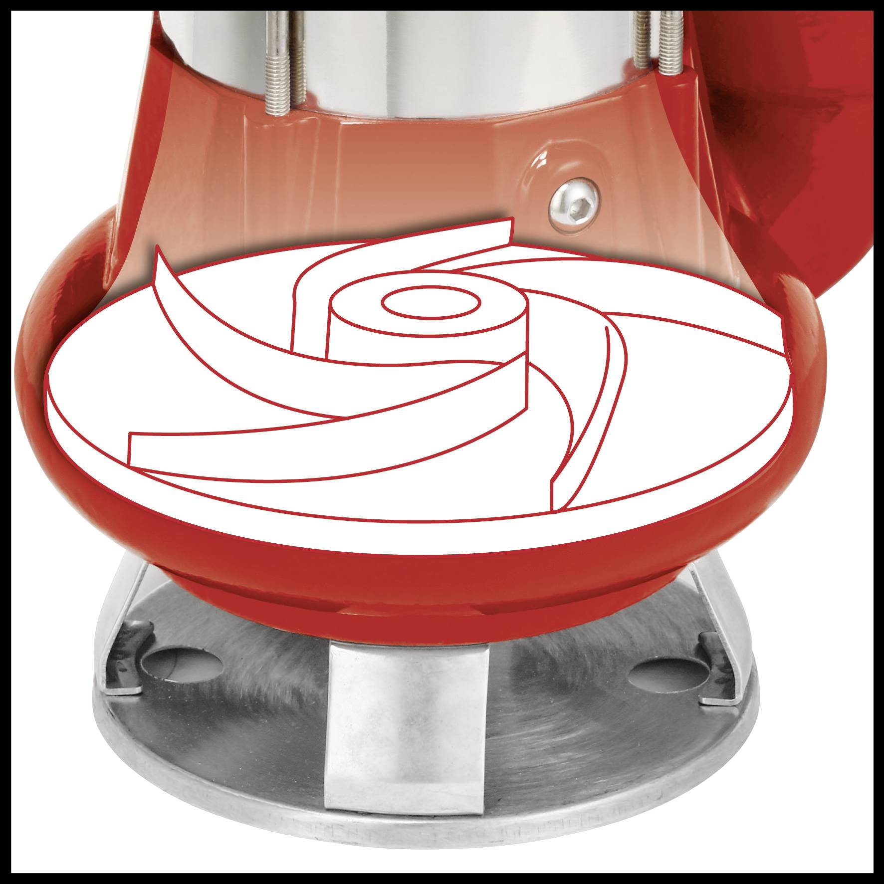 Eine rot lackierte Maschine zeigt große Schrauben mit einem gewundenen Design im Inneren. Die Form ähnelt einer Turbine oder Pumpe.