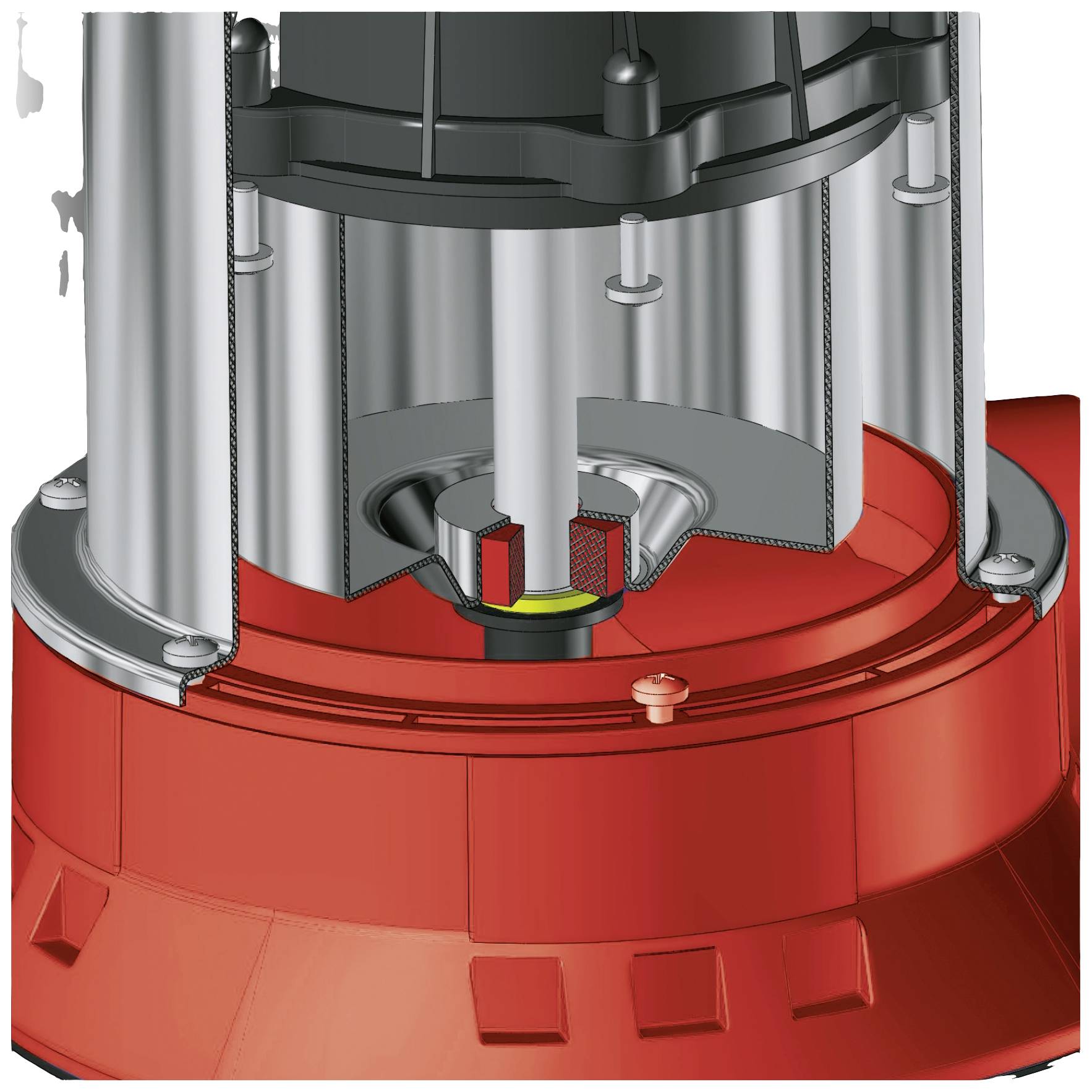 Ein Querschnitt einer mechanischen Turbopumpe mit sichtbaren Komponenten, einschließlich Welle und Rotor, in einer technischen Darstellung.
