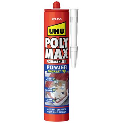 Rote Kartusche mit der Aufschrift 'UHU Poly Max Montagekleber'. Enthält eine Bauzeichnungsillustration, zeigt Innenanwendungsmöglichkeiten auf.