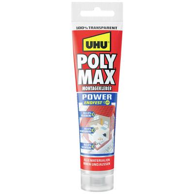 Transparente Tube UHU Poly Max Montagekleber. Aufschrift: 'Alles kleben, montieren, dichten'. Für alle Materialien innen und außen.