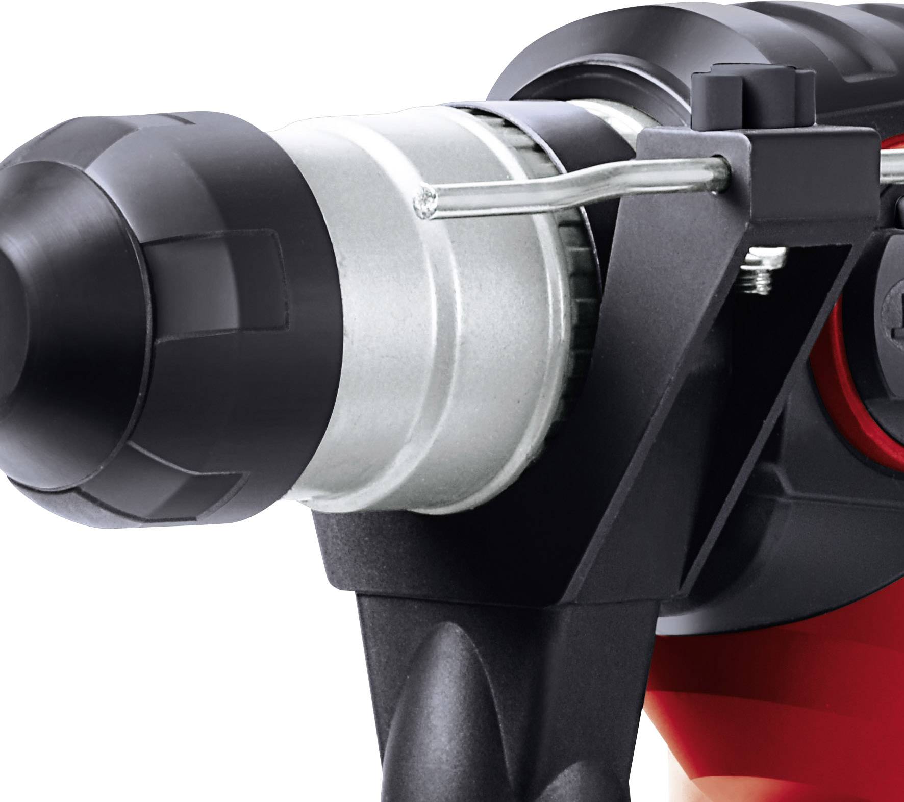 Nahaufnahme von einem elektrischen Bohrschrauber in schwarz und rot, mit einem Metallspannfutter und ergonomischem Griff.