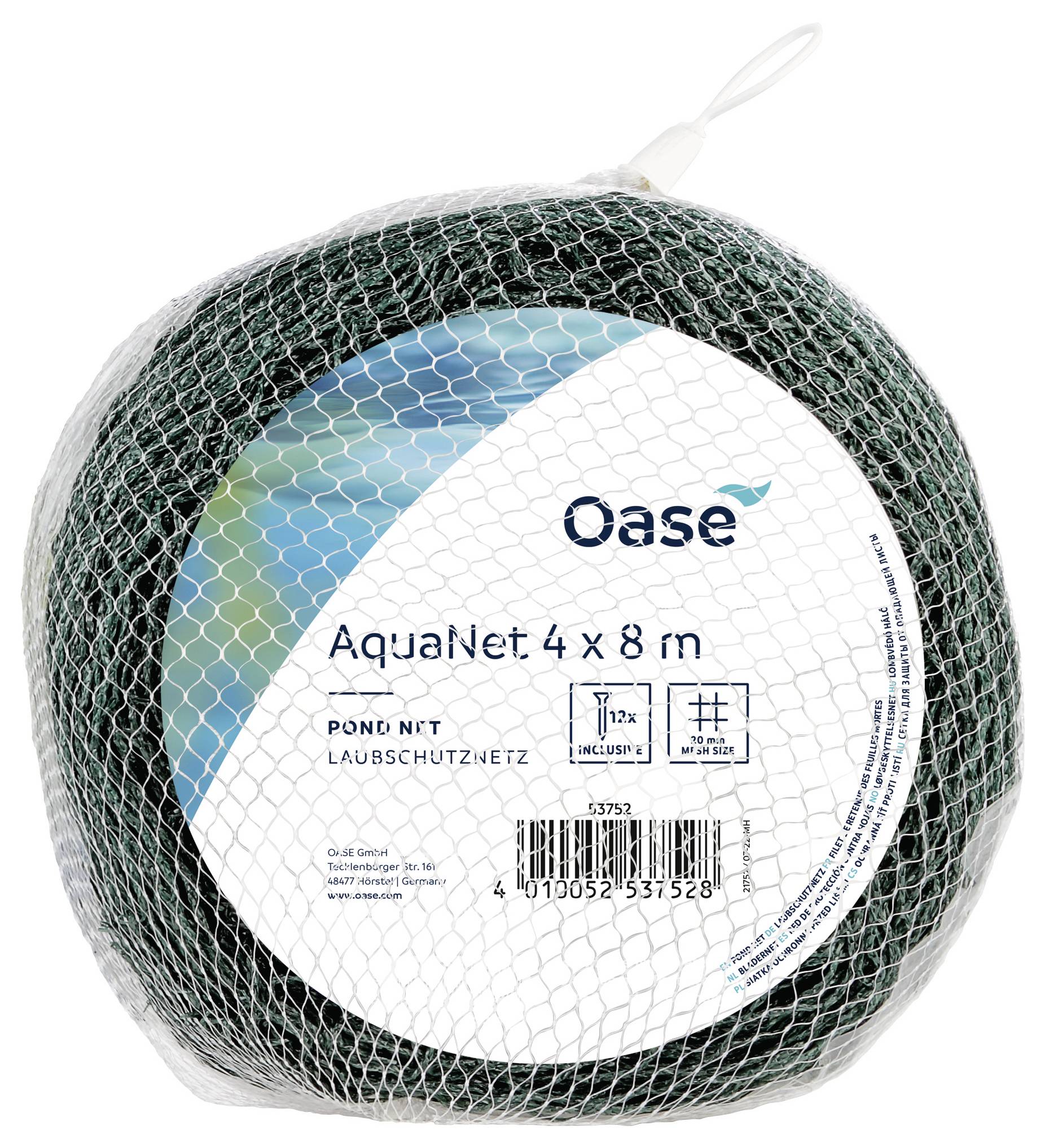 Rolle von Oase AquaNet Teichnetz, 4 x 8 Meter, verpackt in einem weißen Netzbeutel mit einem Etikett, das Produktdetails beschreibt.