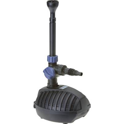 Eine schwarze und blaue Teichpumpe mit vertikalem Auslauf, verstellbarem Ventil und geripptem Design, die üblicherweise für Wasserspiele oder Springbrunnen verwendet wird.