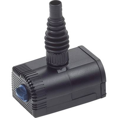 Eine schwarze Aquarium-Wasserpumpe mit gerippter Düse und einem blauen Einstellknopf auf der linken Seite.
