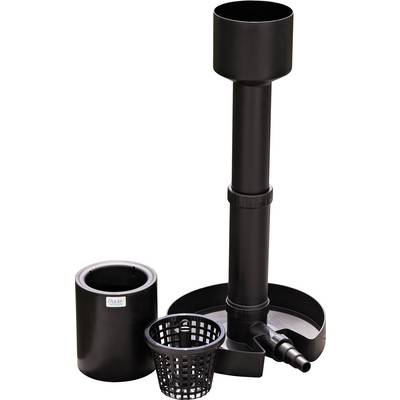 Ein schwarzer Wasserfilter mit einer hohen zylindrischen Säule, einem zylindrischen Behälter und einem kleinen Korb. Entwickelt für Teich- und Aquariumanwendungen.