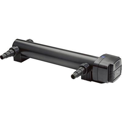 Ein schwarzer, zylindrischer Ultraviolett-Sterilisator mit Schlauchverbindern an beiden Enden, der zur Wasserreinigung in Aquarien oder Teichen verwendet wird.
