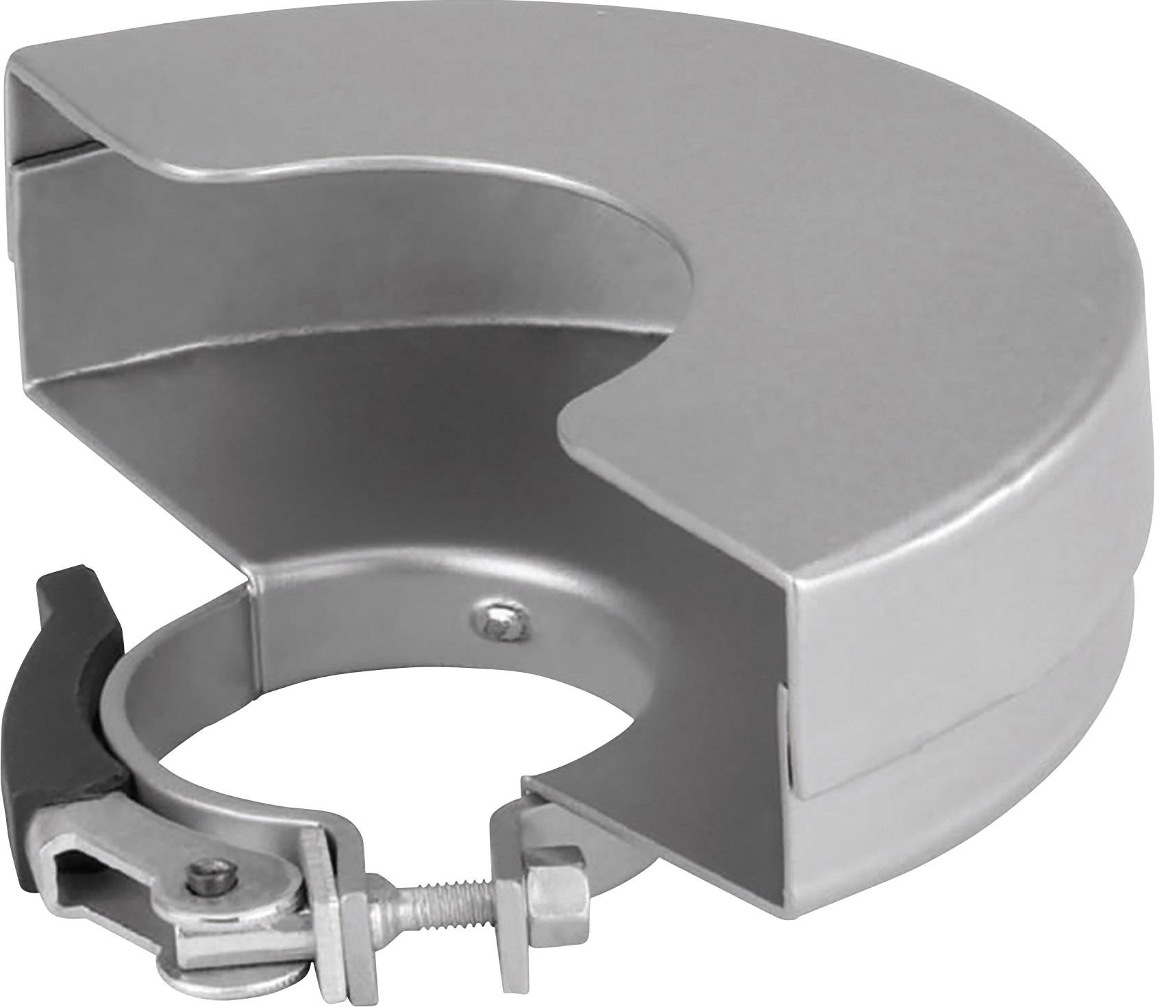 Metallische Schutzabdeckung für runde Maschinenkomponenten, silberfarben, mit Einstellschrauben zur Stabilisierung und Befestigung.