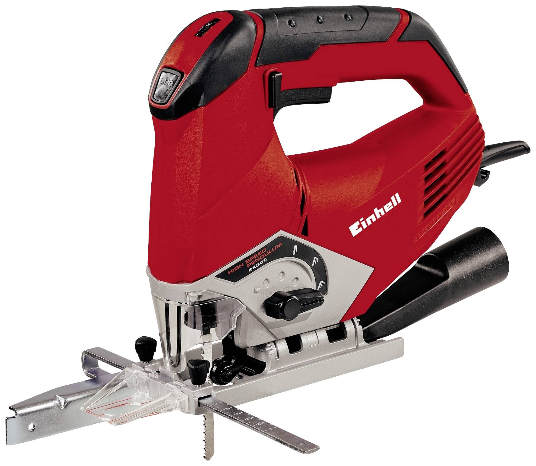 Elektrische Stichsäge in Rot mit schwarzem Griff. Geeignet für präzises Sägen von Holz oder Metall, mit variabler Geschwindigkeitseinstellung.