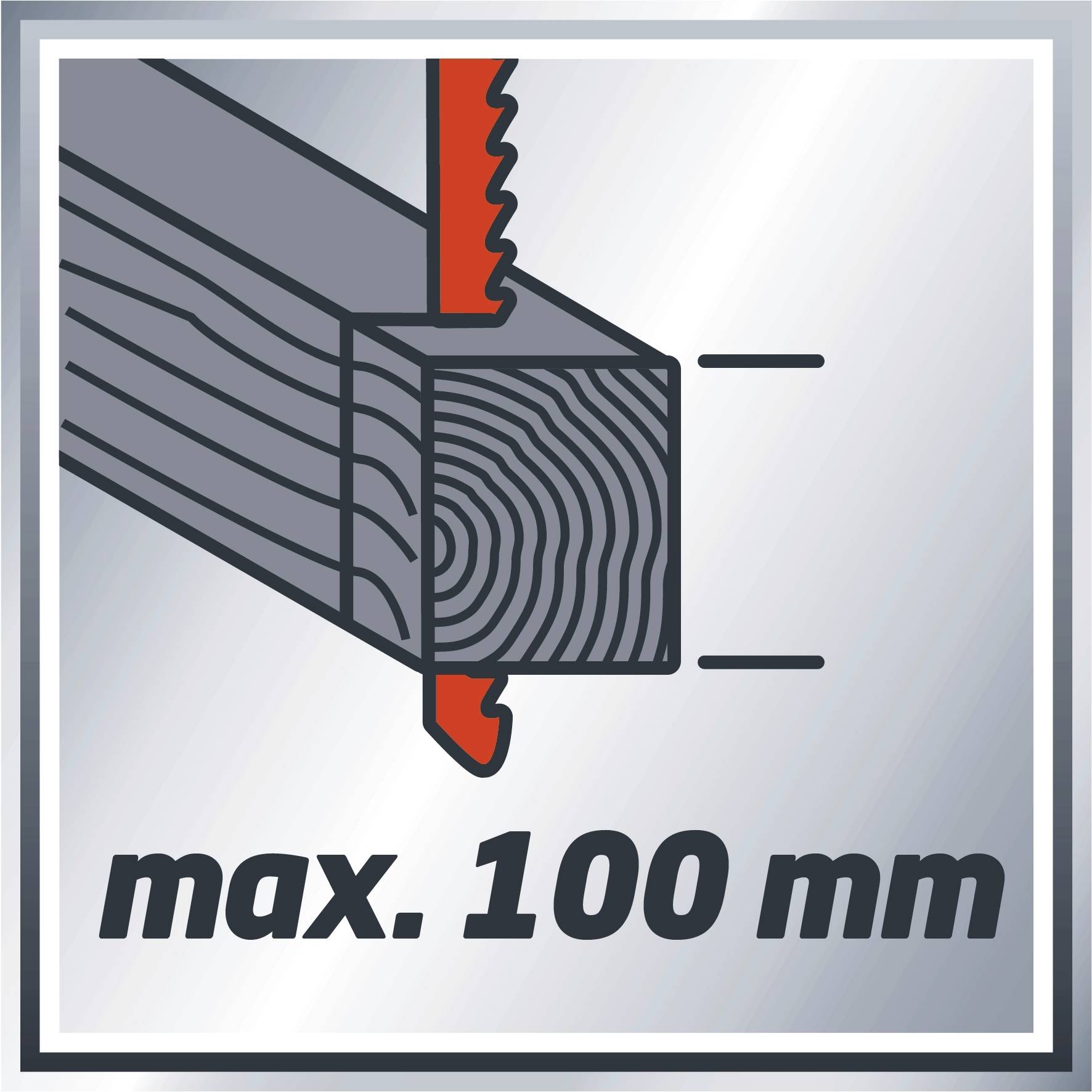 'max. 100 mm' und ein rot dargestelltes Sägeblatt, das zeigt, wie tief es in einen Holzklotz schneiden kann.