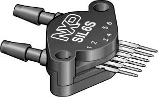 Mikrochip-Drucksensor-Bauteil mit der Bezeichnung 'NXP SLS6' mit nummerierten Anschlüssen und zwei Schlauchanschlüssen.