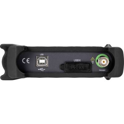 'Nahaufnahme eines USBXI Interfaces mit USB-Anschluss und Triggerbuchse, abgebildet auf einem elektronischen Gerät.'