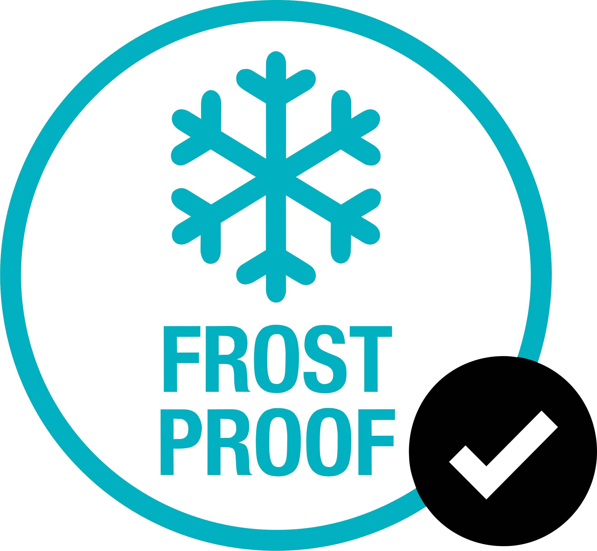 Ein blaues Schneeflockensymbol mit der Aufschrift 'FROST PROOF' und einem Häkchen in einem schwarzen Kreis unten rechts.