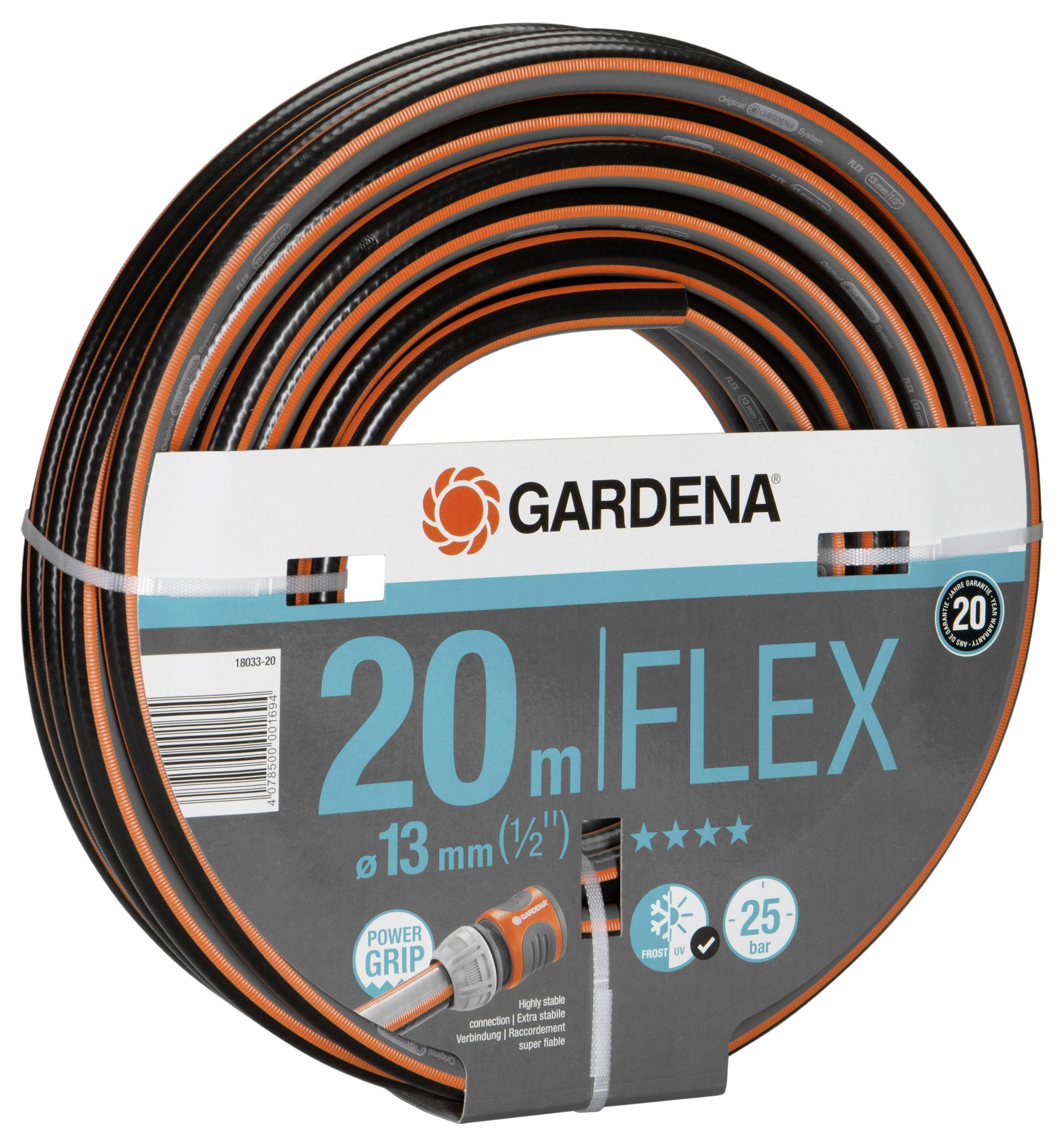 GARDENA FLEX Schlauch, 20 Meter, 13 mm (1/2 Zoll), mit Power Grip, bis 25 bar Druckfestigkeit, geeignet für Gartenbewässerung.