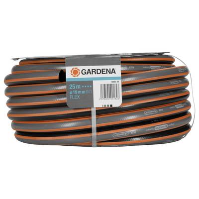 Gartenschlauch Rolle, 25 m lang, 19 mm Durchmesser, Marke Gardena, schwarz mit orangem Streifen, Produktetikett in der Mitte.