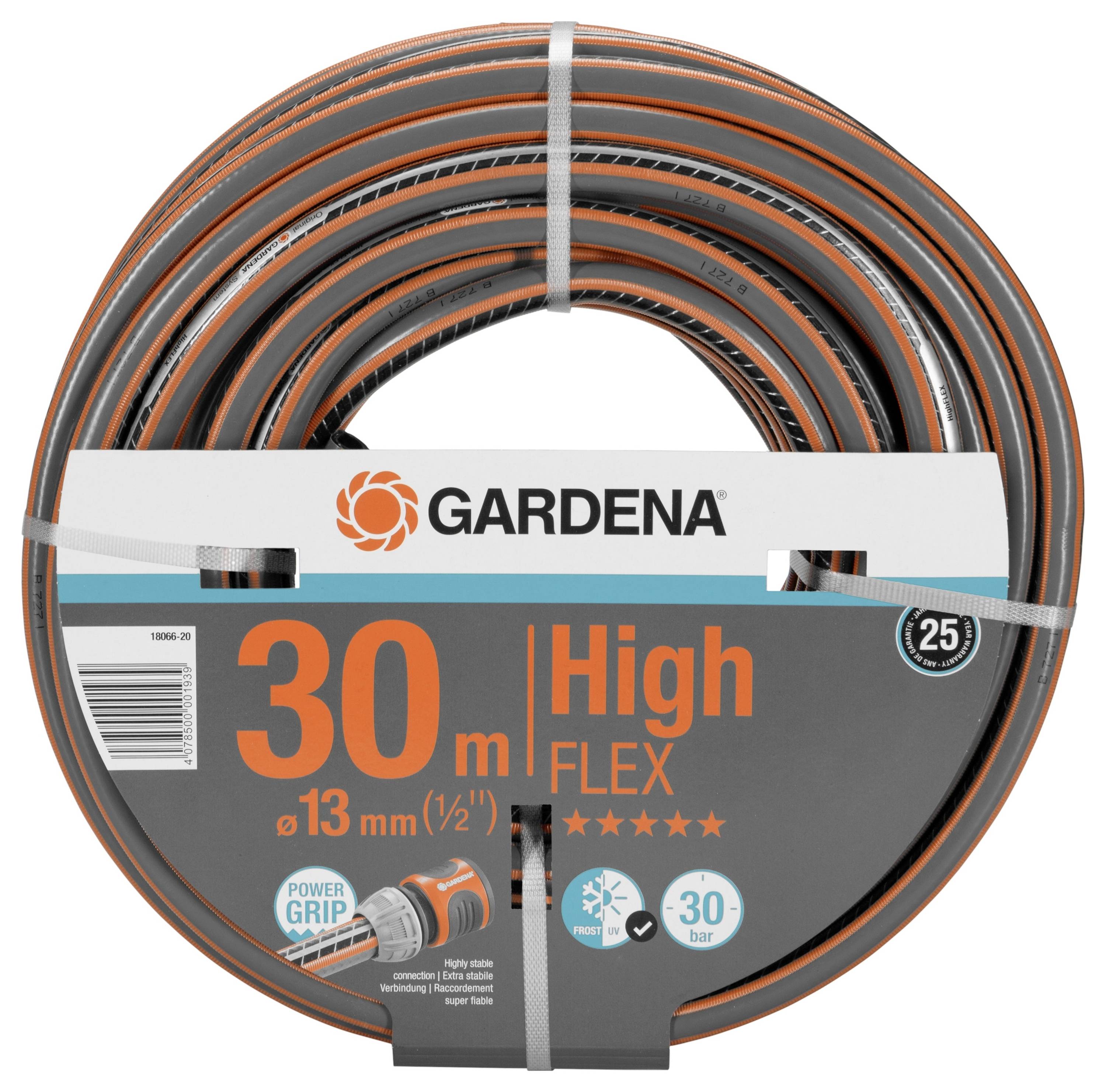 Gartenschlauch Gardena High Flex, 30 m, Durchmesser 13 mm, Power Grip Profil, bis 30 bar, UV-beständig und flexibel.