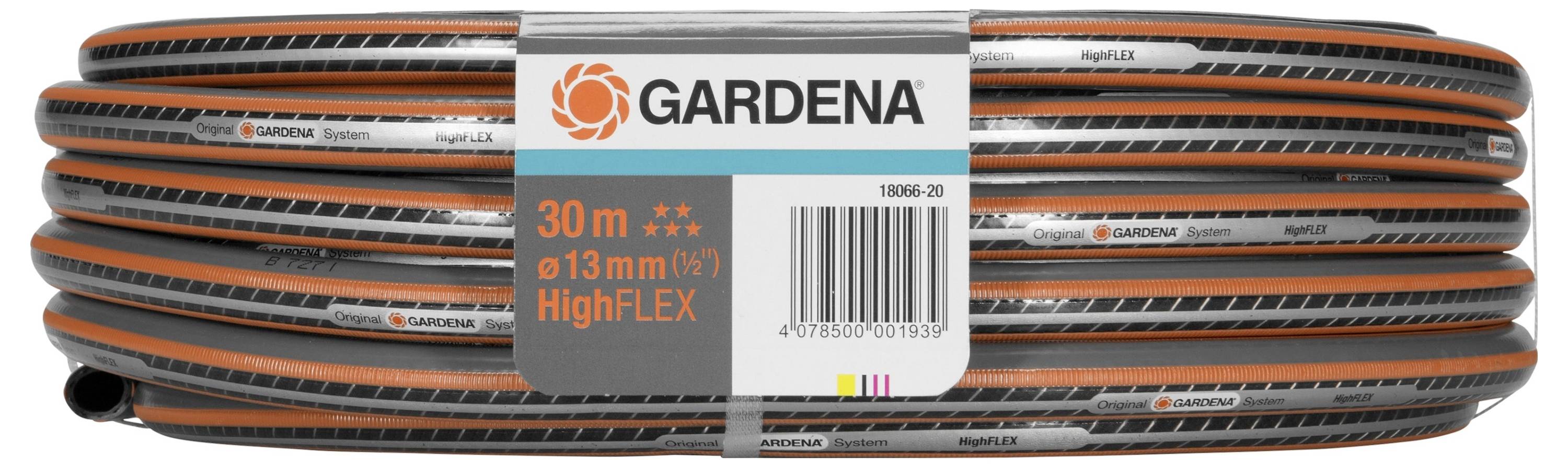 Gartenwasserschlauch von Gardena, 30 Meter lang, 13 mm Durchmesser, Modell HighFLEX. Produktetikett und Barcode sichtbar.