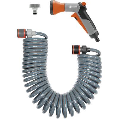 Schlauchset mit orange-grauem Sprühgriff, flexibler grauer Spiralschlauch und Adapter. Gartenzubehör zur Bewässerung.