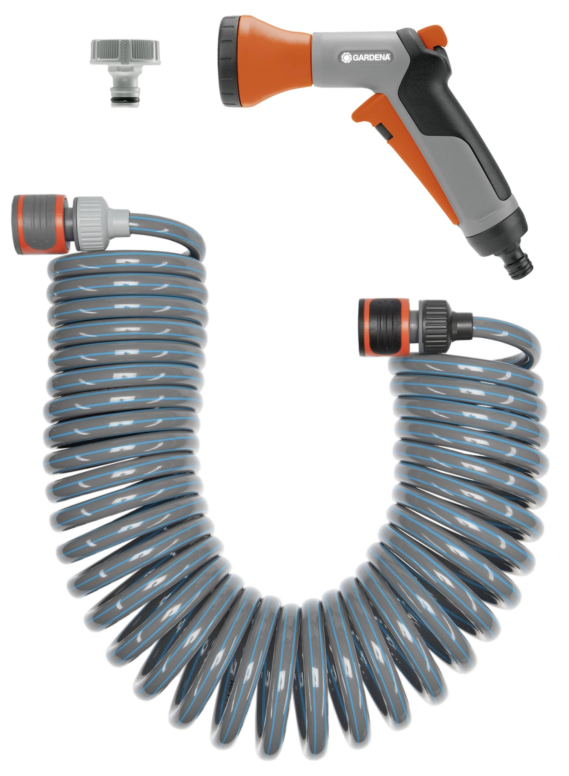 'Schlauch-Set mit Spiralschlauch und Sprühpistole, geeignet für die Gartenbewässerung.'