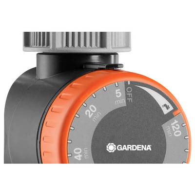 Gardena Wassertimer mit nummerierten Zifferblatt von 0 bis 120 Minuten, mit orangefarbenen Akzenten und einem grauen Einstellknopf.