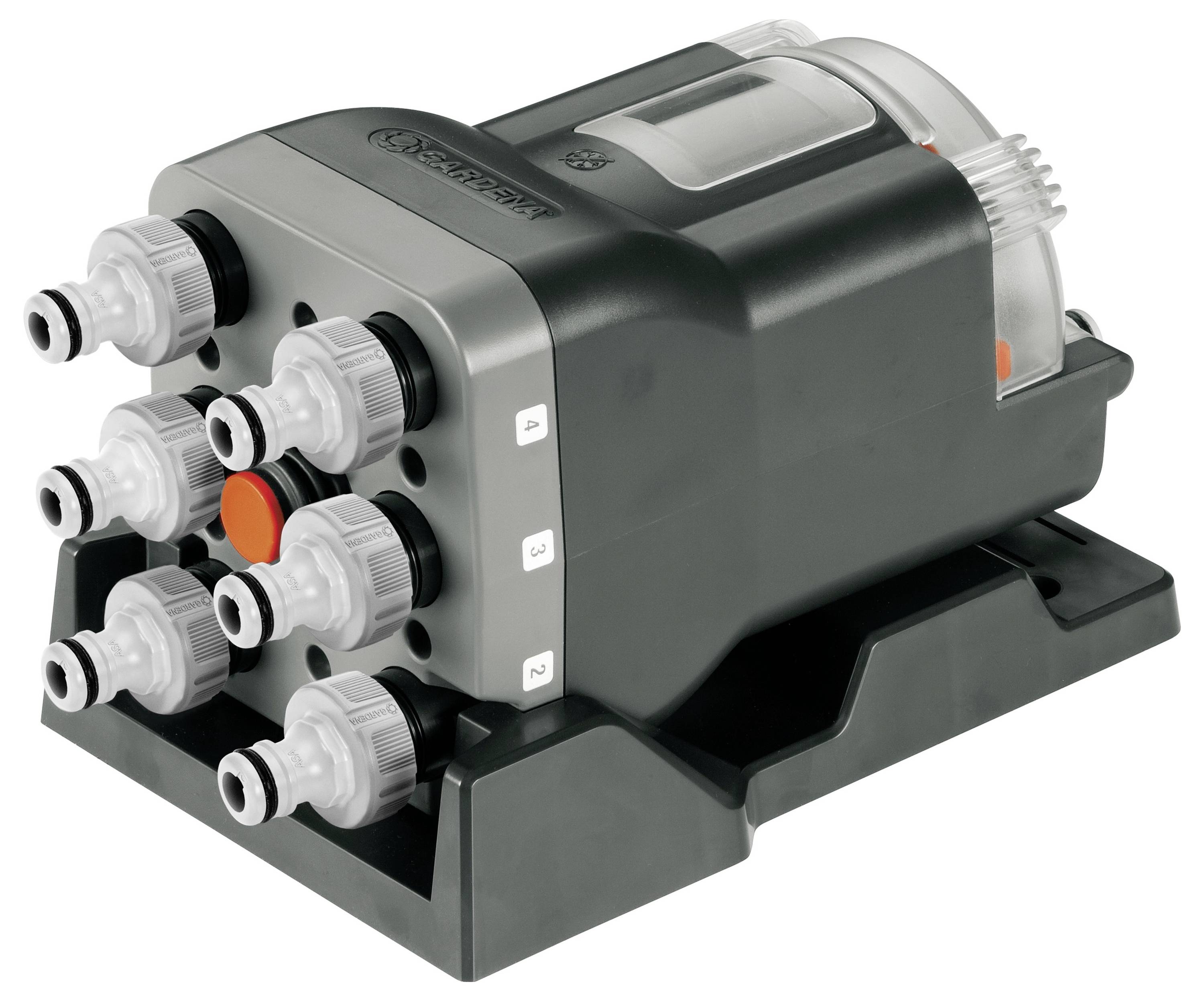 Ein Bewässerungsventil mit mehreren Anschlüssen. Es ermöglicht die automatische Steuerung der Wasserversorgung für verschiedene Bereiche.