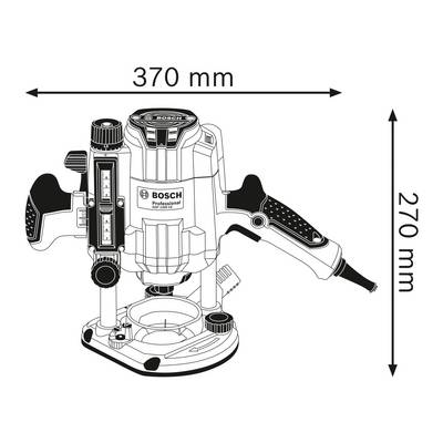 'Illustration einer Bosch Professional Fräsmaschine mit Markierungen: Breite 370 mm, Höhe 270 mm.'