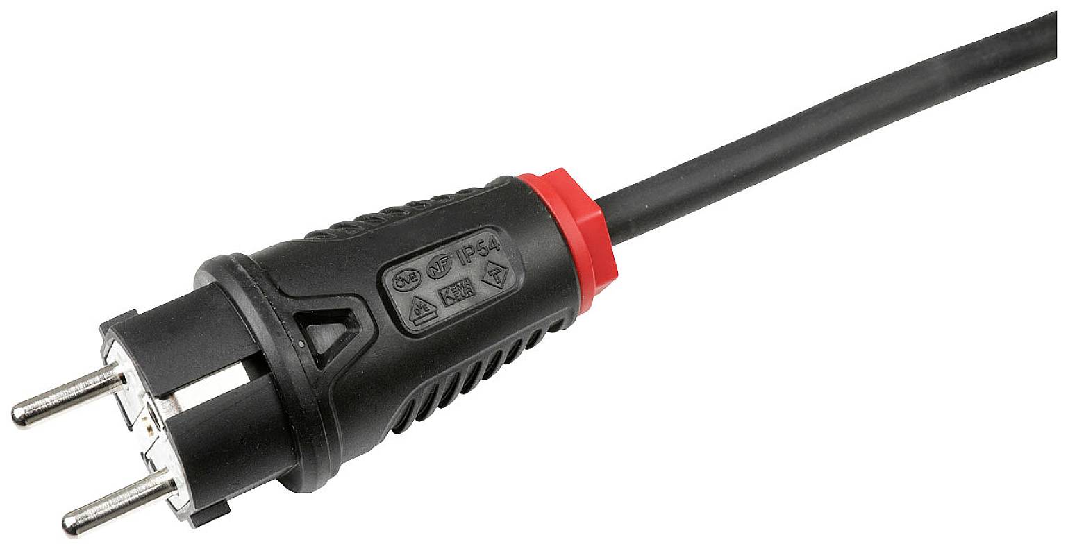 Schwarzer Elektrokabel mit rotem Ring, europäische Steckervorrichtung, seitliche Ansicht, zeigt Konturen und Sicherheitszeichen.