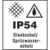 Die Grafik zeigt das Symbol 'IP54' mit Text 'Staubschutz Spritzwasserschutz'. Sie deutet auf Schutz vor Staub und Spritzwasser hin.
