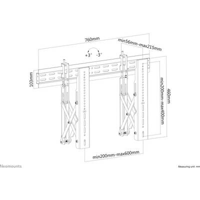 Wandhalterung für Bildschirmmontage, verstellbar. Breite 760mm, Höhe 460mm, Tiefe 56-215mm. Neigungswinkel ±3 Grad, VESA-kompatibel.