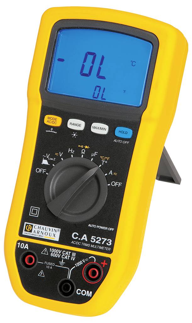 Digitales Multimeter mit gelbem Gehäuse zeigt 'OL' auf dem blauen Display an. Mehrere Tasten und ein Drehschalter sind sichtbar.