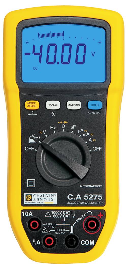 Digitalmultimeter mit gelbem Gehäuse, zeigt '-40.00 V' auf dem blauen Display. Drehschalter für Messfunktionen, diverse Anschlüsse unten.