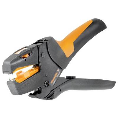 Eine schwarze und orangefarbene Abisolierzange mit ergonomischem Griff, geeignet für präzises Abisolieren von elektrischen Kabeln.