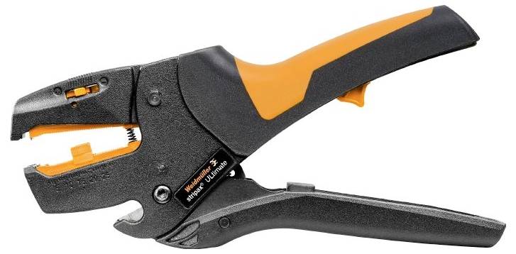 Abisolierzange mit schwarzem und orangem Griff, geeignet zum Entfernen von Isolierung von elektrischen Kabeln.