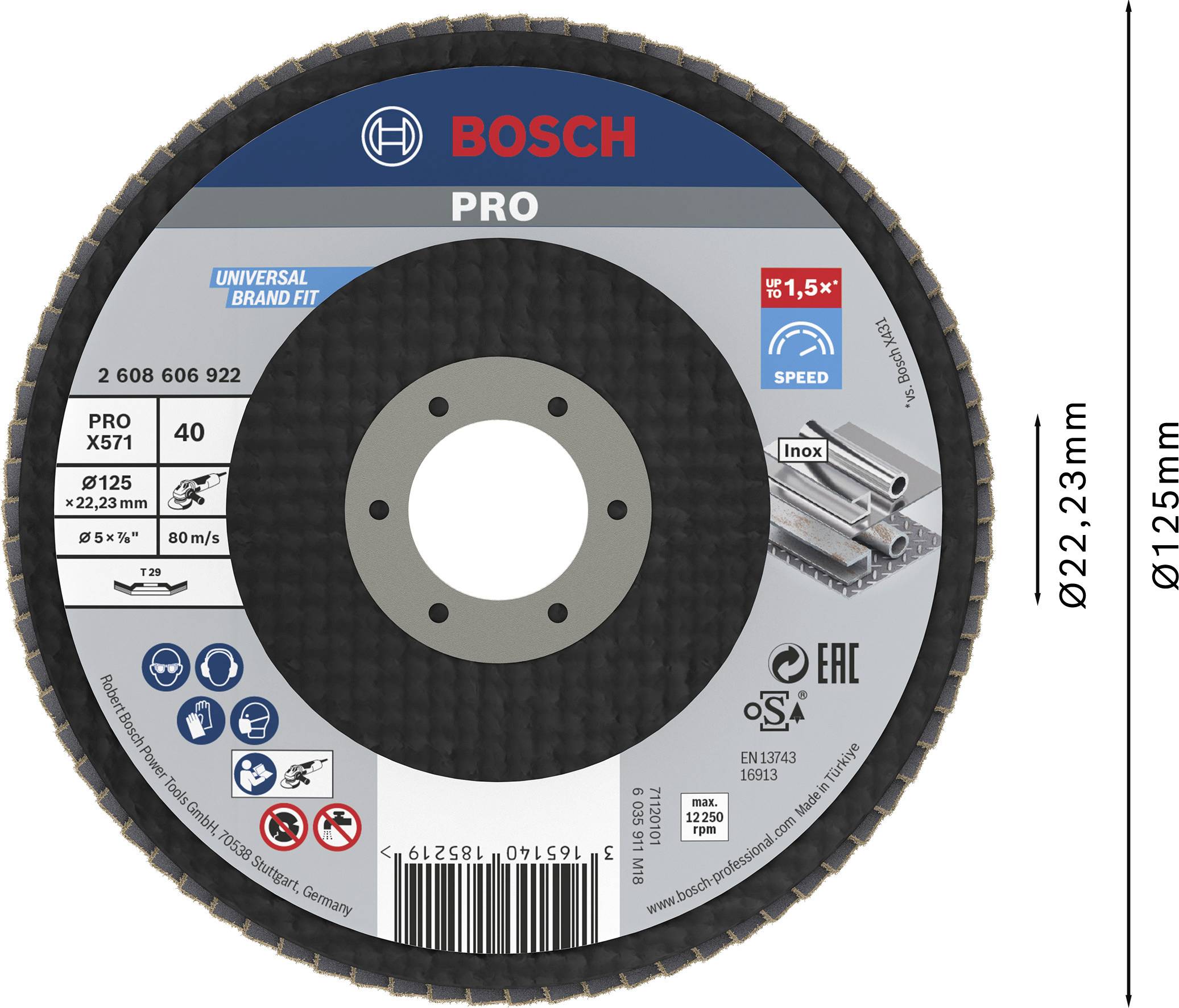 Eine Bosch Pro Schleifscheibe für Metall, Durchmesser 125 mm, mit max. Drehzahl von 12.250 U/min. Geeignet für Inox.