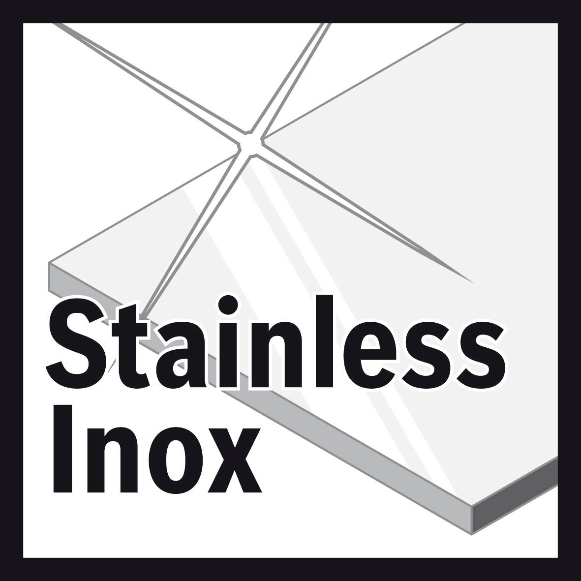 'Stainless Inox' in schwarzem Rahmen, zeigt stilisierten Edelstahl mit glänzender Oberfläche und Lichteffekten.