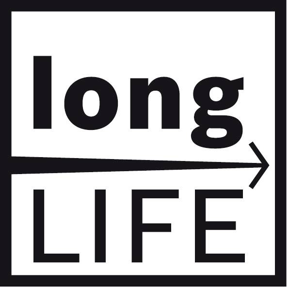 'long LIFE' in einem rechteckigen Rahmen mit einem Pfeil nach rechts unten.