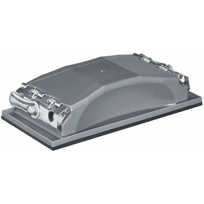 Grauer Handschleifer mit rechteckiger Schleiffläche und Metallklammern an den Ecken zur Befestigung von Schleifpapier.