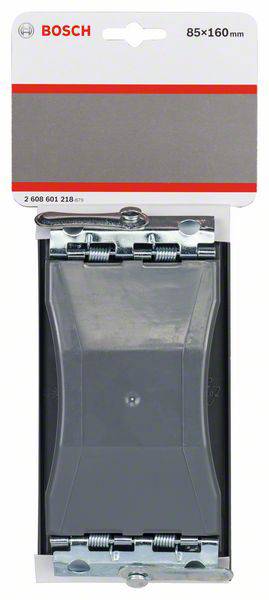 Ein graues Schleifpapierhalter-Werkzeug von Bosch mit den Maßen 85x160 mm in der Originalverpackung, mit Metallelementen.