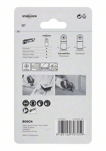 Rückseite einer Verpackung für Starlock-Zubehör von Bosch, zeigt Kompatibilitätsinformationen, Anwendungsgrafiken und Herstellerangaben.