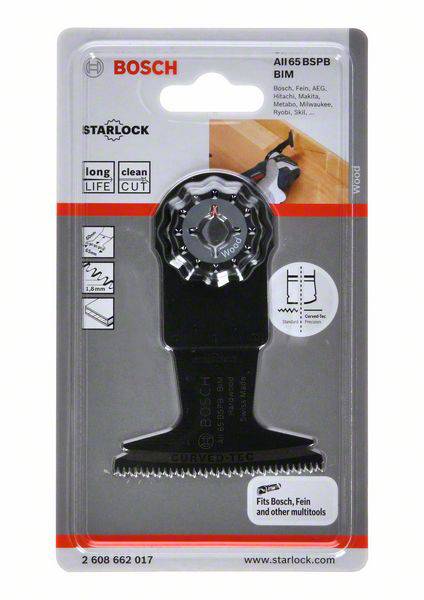 Eine Bosch Sägeblattverpackung mit Starlock-System, geeignet für verschiedene Werkzeuge. Enthält Informationen zu Langlebigkeit und sauberem Schnitt.